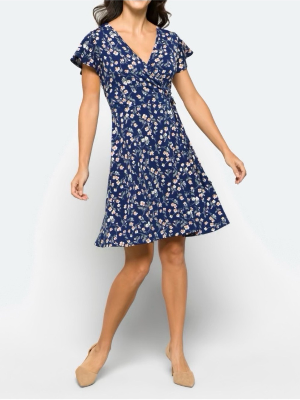 Kaileigh Kaela Faux Wrap Knit Dress - Navy & Peach Floral - Picture 6 of 9